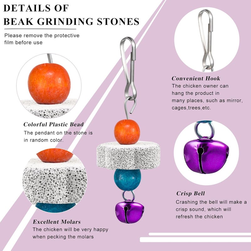 Sumind لعبة مرآة دجاج معلقة من قطعتين مع جرس ولعبة نقر خشبية و4 قطع من أحجار طحن المنقار للدجاج والطيور والببغاوات (أخضر، بنفسجي) - Image 3